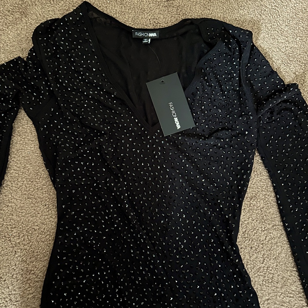 Fashion Nova Mesh Black Rhinestone Bodycon Dress